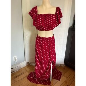 Red White Polka Dot Two Piece Set Crop Top Maxi Skirt Slit Large